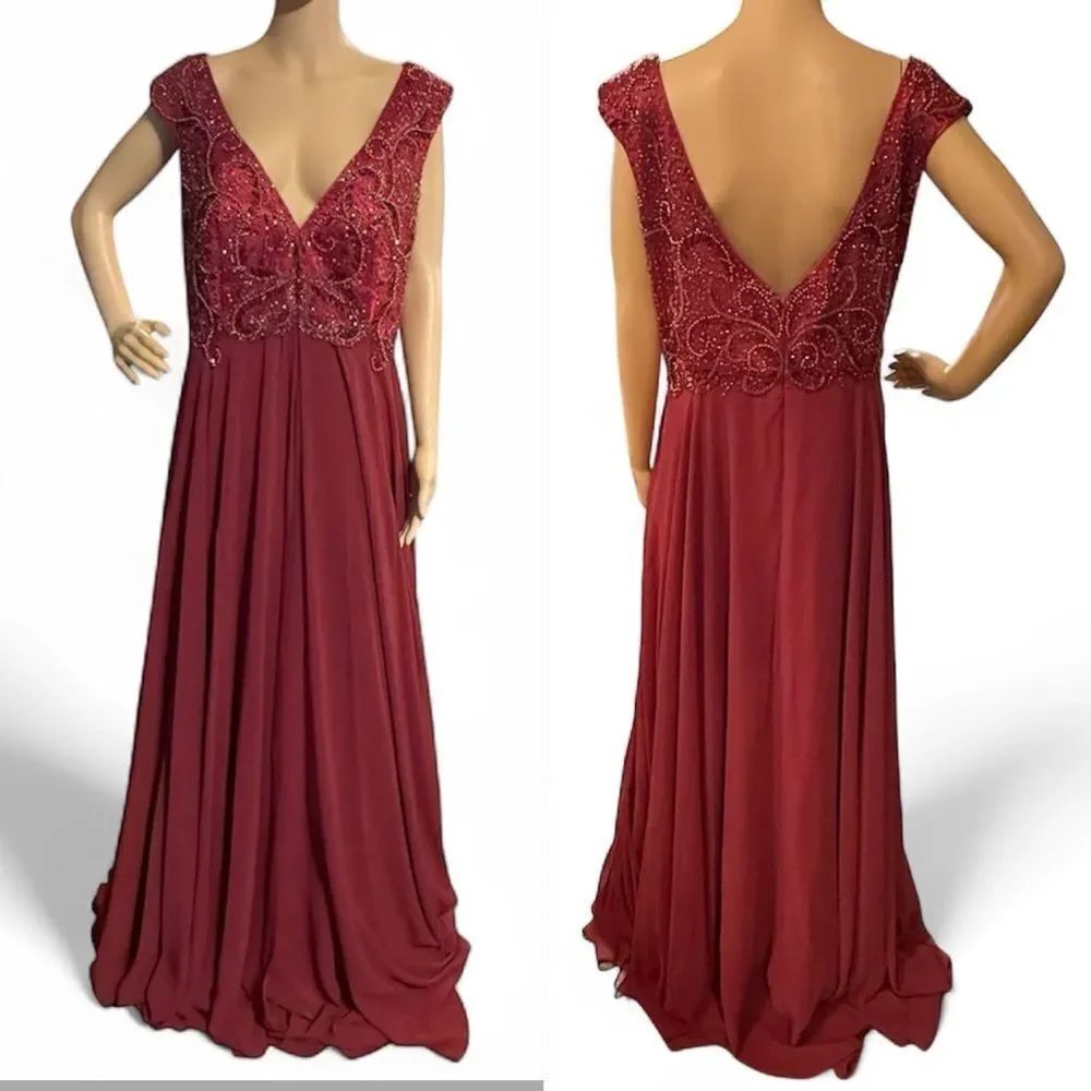 Alyce Paris Formal Plunge Neck Beaded Maxi Dress Wine Over Red Size 18